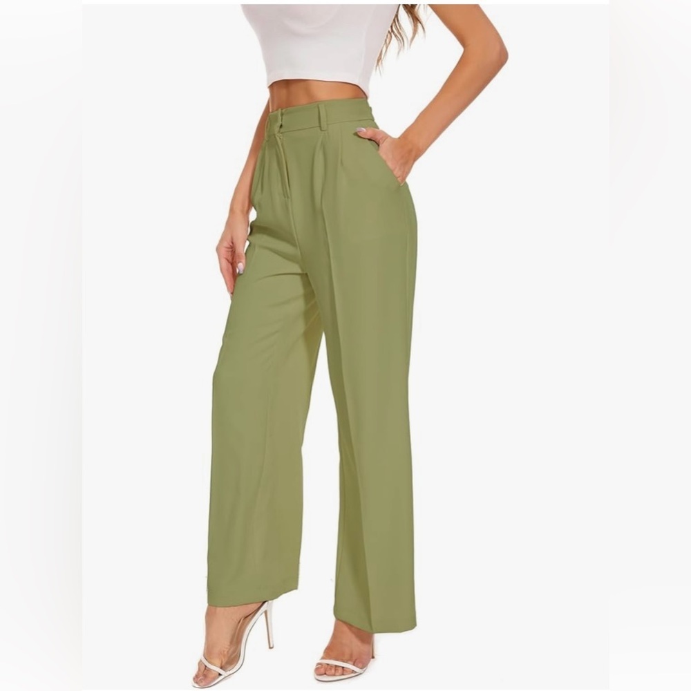 Decivi Women's High Waisted Elastic Back Wide Leg Pleated Work Pants, Green, Sm‌
